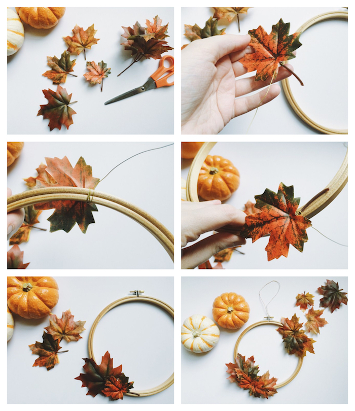 decoration automne diy en feuilles mortes attachées sur cerceau tambour à broder et mini citrouille decorative