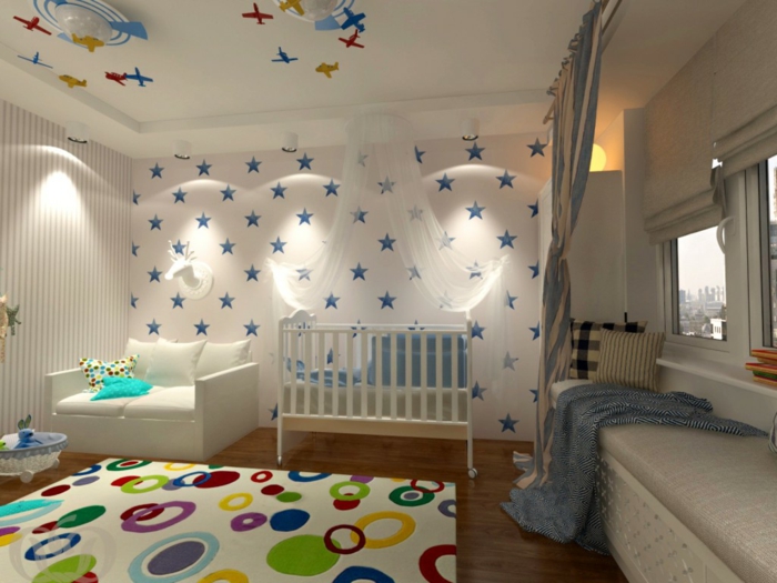 chambre en bleu, blanc et vert, deco chambre enfant garcon, étoiles au mur blanc