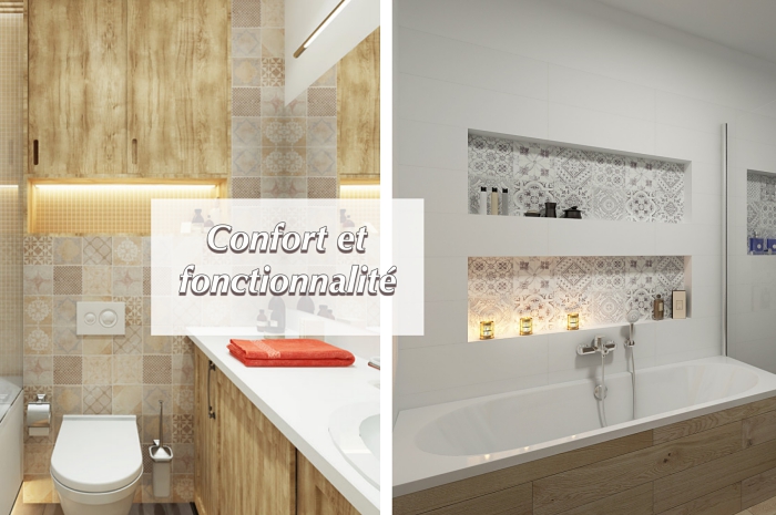 exemple d'aménagement petite salle de bain en couleurs neutres, modèle de rangement gain place avec niche murale