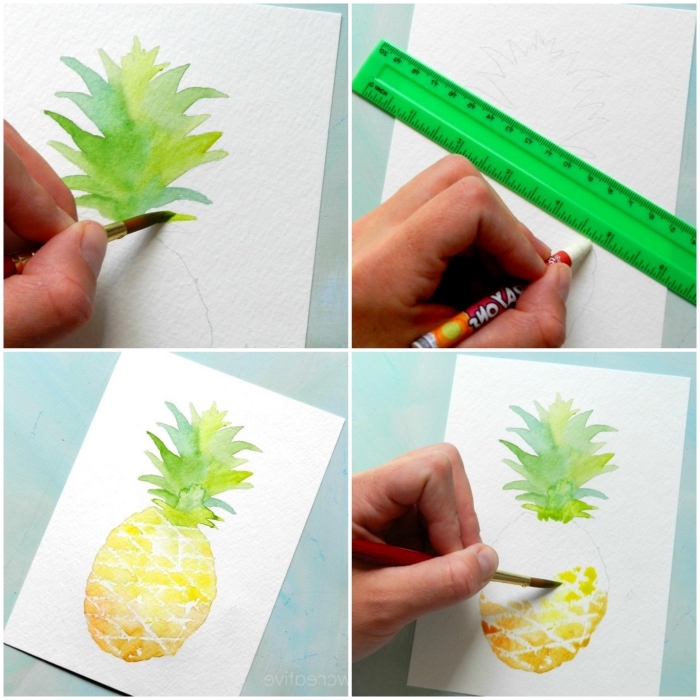 apprendre l'aquarelle avec des sujets simples et faciles à reproduire, ananas peint à l'aquarelle à quelques coups de pinceau