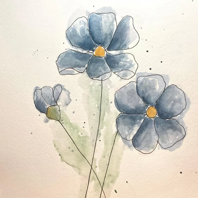 dessin aquarelle facile bouquet fleurs bleus tiges longues petales