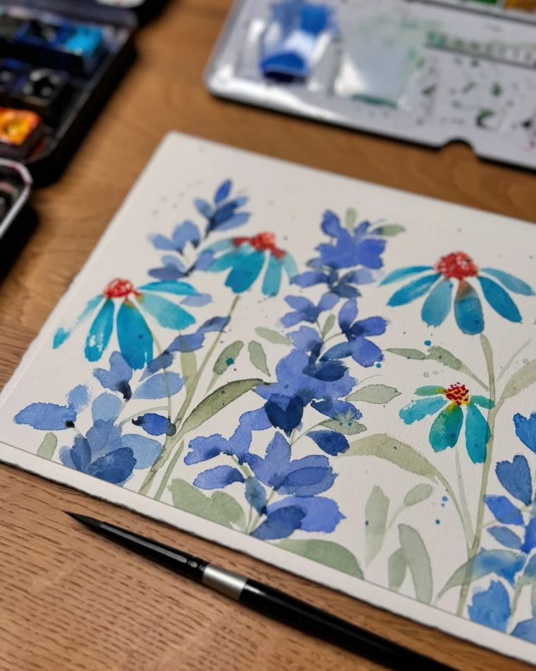 dessin facile aquarelle fleurs petales bleu violette tiges longues pinceau