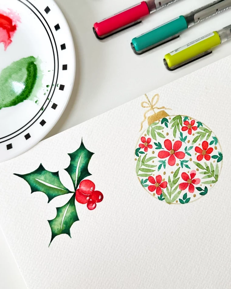 dessin motifs noel boule houx branche baie rouge materiaux art