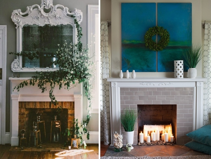 cheminée murale design simple joliment décorée, verdure, bougies, miroir cadre blanc sophistiqué