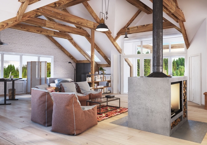 aménagement maison ou appartement de style contemporain avec éléments traditionnels, exemple de salon à plafond haut blanc avec charpente de bois foncé