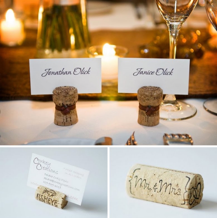 décoration table de mariage champêtre à faire soi-même, marque-places-réalisés avec des bouchons de liège, deco a faire soi meme recup