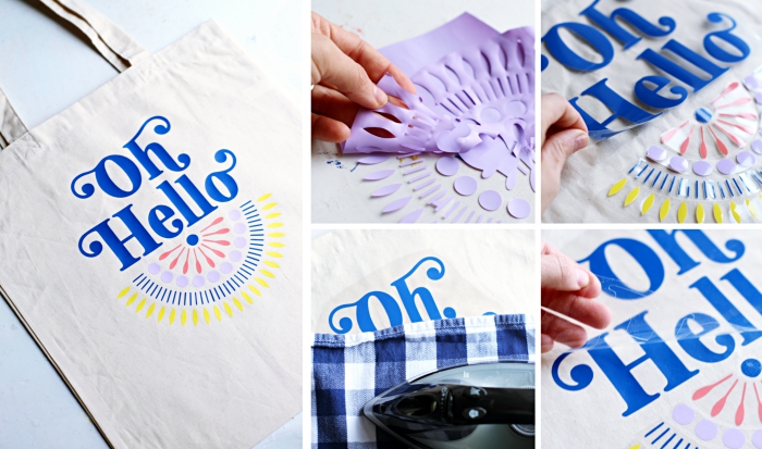 technique fransfert sur textile avec pochoir lettres et pochoir mandala en couleurs pastel, déco dessin mandala et lettre sur sac cabas