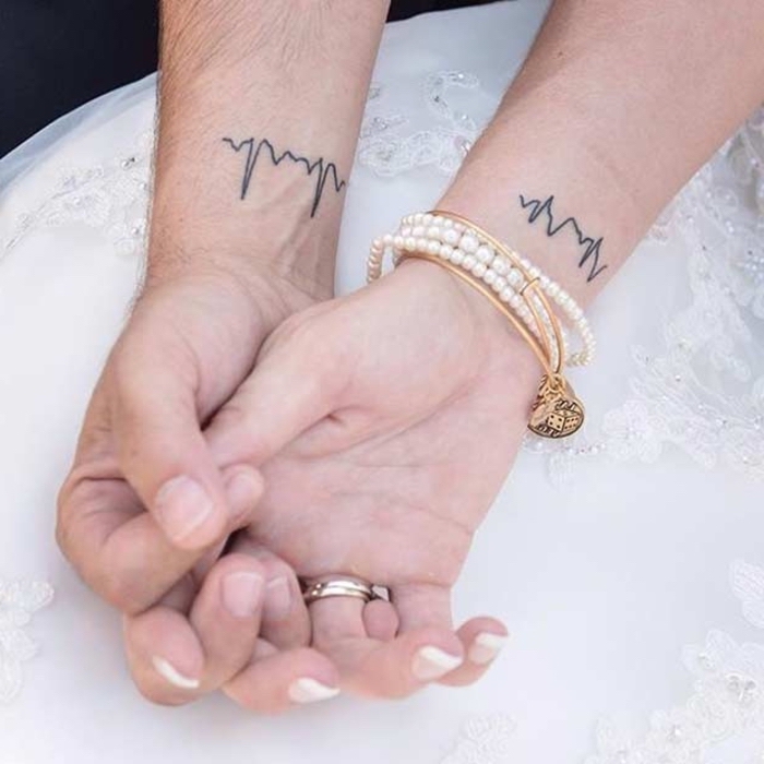 Tatouage amour éternel, idée tatouage symbole originale, la ligne du coeur, idée comment se tatouer, tatouage poignet, couple jour de mariagw 