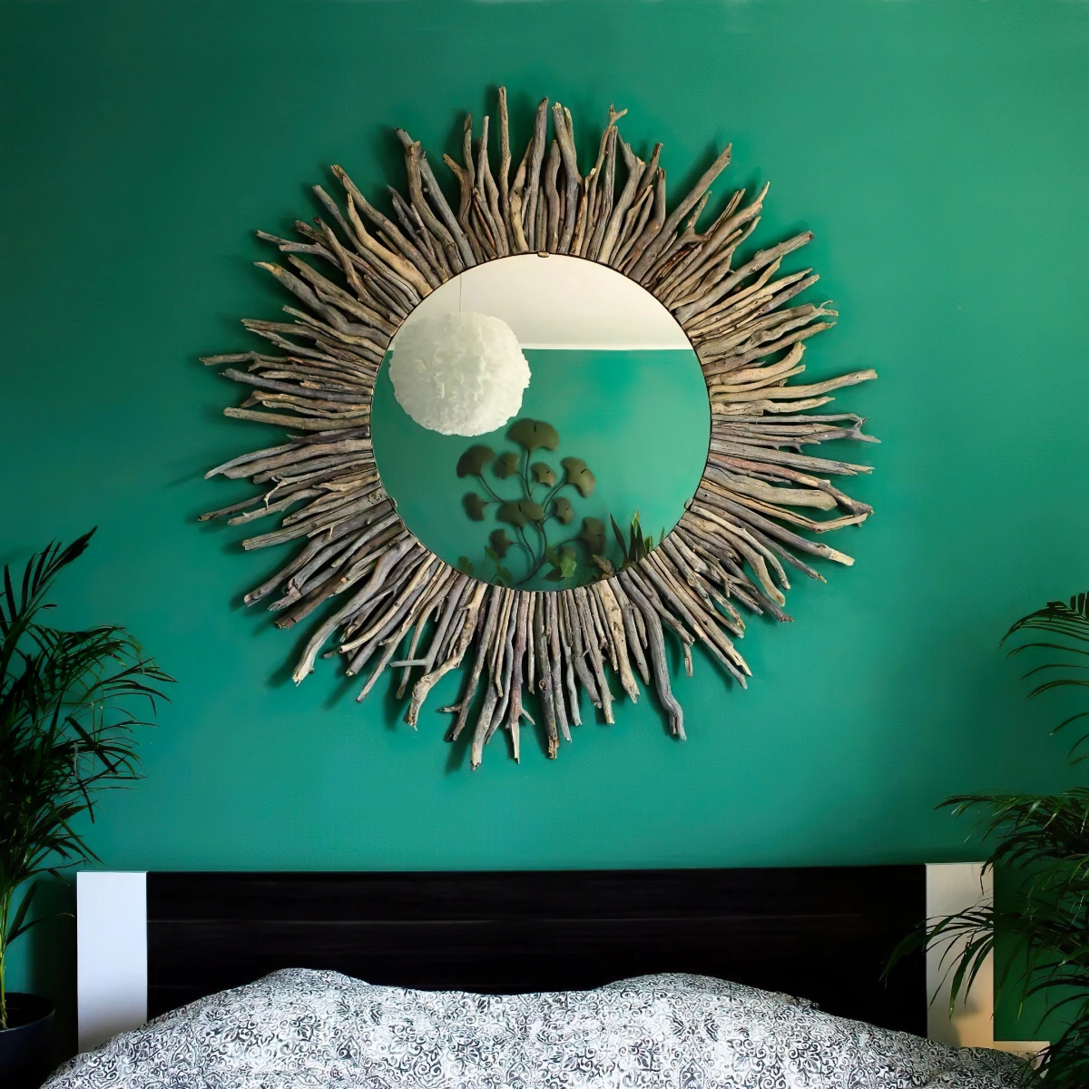 diy miroir soleil peinture chambre verte plantes tete lit noire