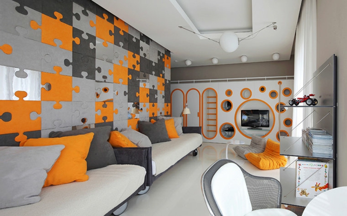 peinture chambre garcon, peinture moderne chambre ado, puzzle mural en gris et orange, poufs 