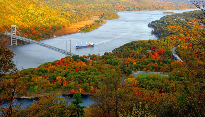 fleuve, bateau, grand pont, forêt biggrrée, teintée des couleurs de la saison automnale, fond ecran automne