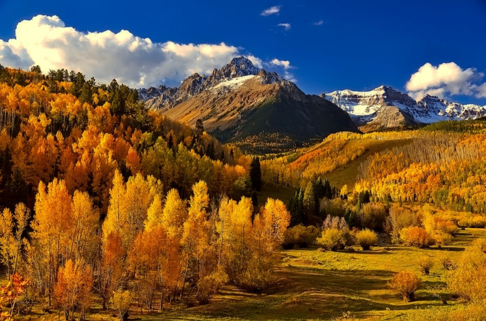 montagne aux couleurs de l'automne, nuages blancs, ciel bleu, arbres jaunes, collines, fond d'écran paysage gratuit pour ordinateur