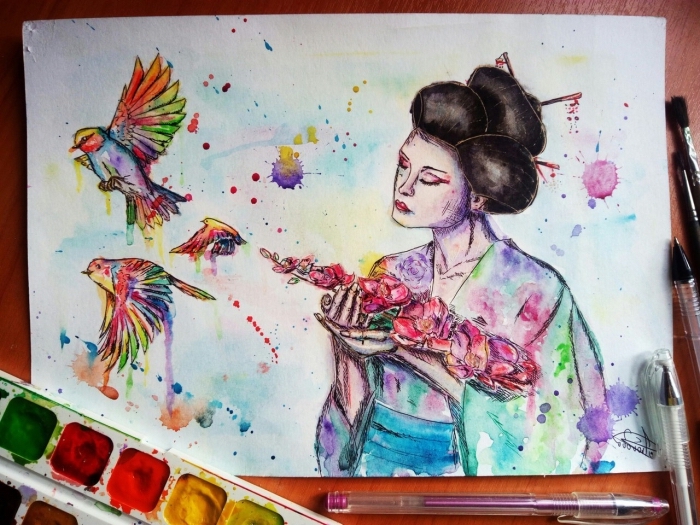 une explosion de couleurs aquarelle sur la peinture de geisha 