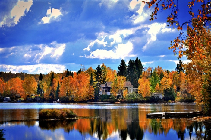 fond d'écran paysage automne, ciel bleu, nuages, jolie forêt, maison au sein des bois