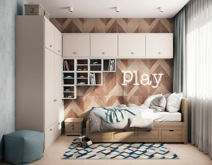 chambre de garçon moderne, idee deco chambre garcon couleurs neutres, déco chambre bois et blanc