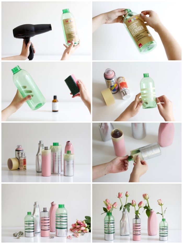 de jolies vases en bouteilles en plastique relookées avec de la peinture, deco recup facile avec des bouteilles en plastique