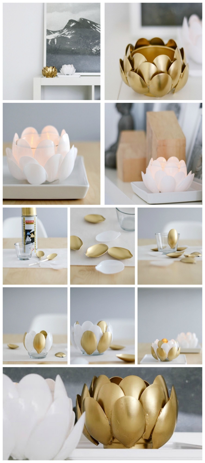 bougeoir déco en blanc et or en forme de lotus réalisé avec des cuillères en plastique, idee deco recup avec des cuillères en plastique