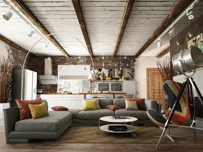 exemple de design intérieur de style industriel avec plafond en bois, idée comment peindre des poutres en blanc cérusé