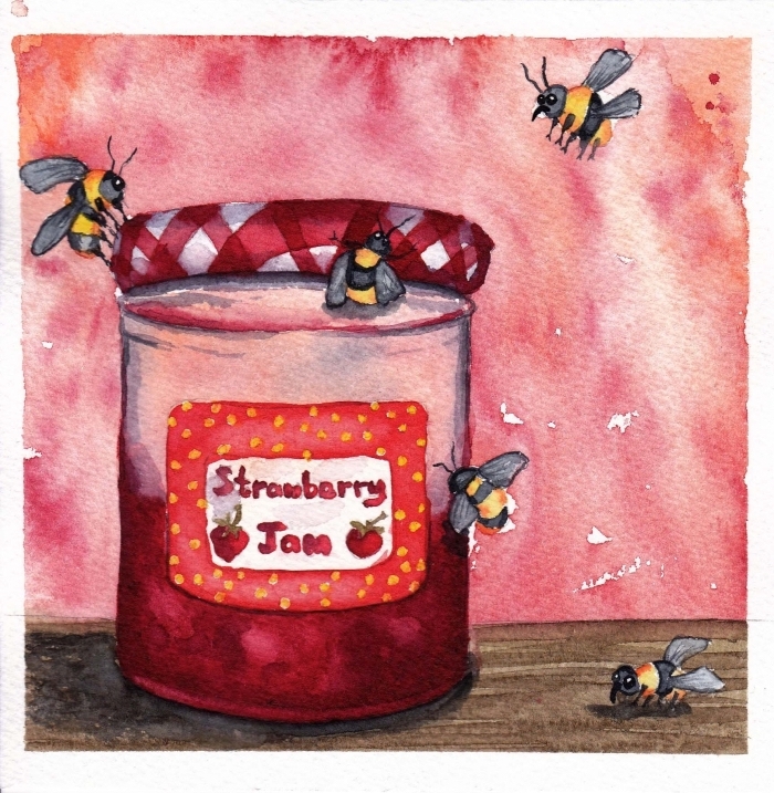 pot de confiture aux fraises et abeilles mignonnes réalisés à l'aquarelle, composition originale et facile à réaliser à l'aquarelle pour apprendre les techniques de peinture