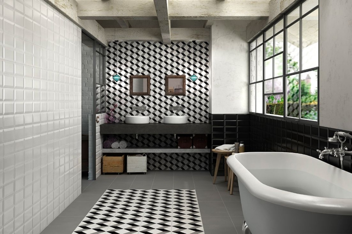 carrelage effet carreaux de ciment à motifs graphiques 3d posé au sol comme tapis décoratif et derrière les vasques