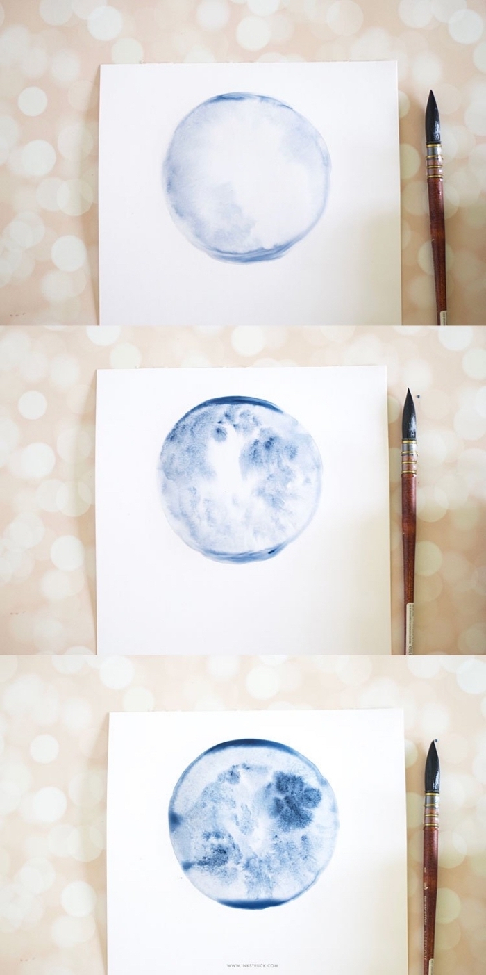 réaliser une pleine lune à l'aquarelle peinture pour débutants, créer des zones d'ombres à l'aquarelle