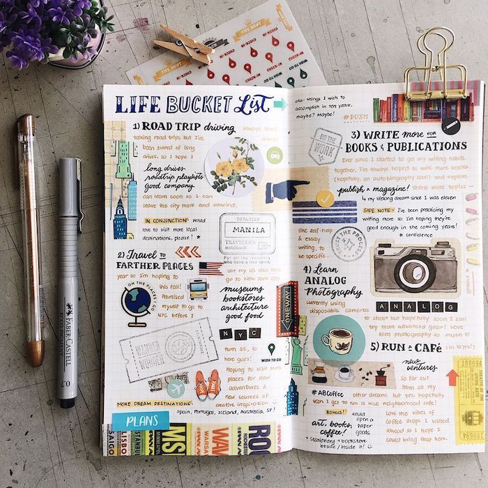 pages carnet bullet journal avec des dessins et images collées, technique scrapbooking, liste objectifs de la vie