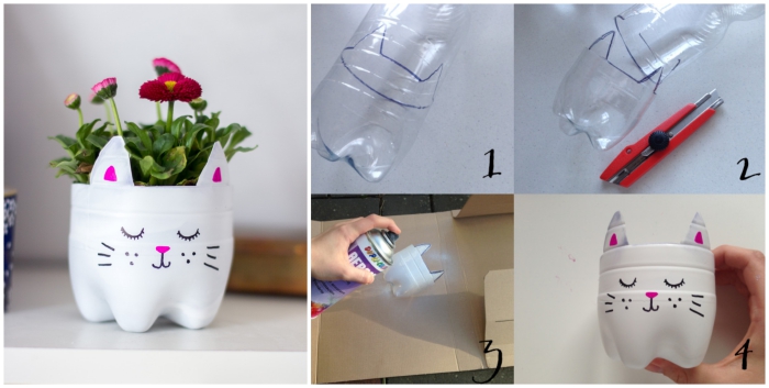 pot de fleur chat réalisée à partir d'une bouteille en plastique, idée déco récup pour l'intérieur ou l'extérieur