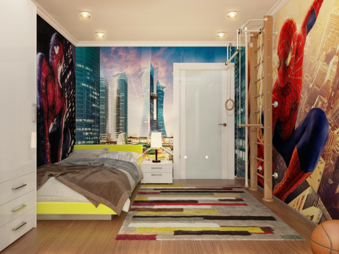 peinture chambre enfant super héros, poser mural spiderman, tapis rayures colorés