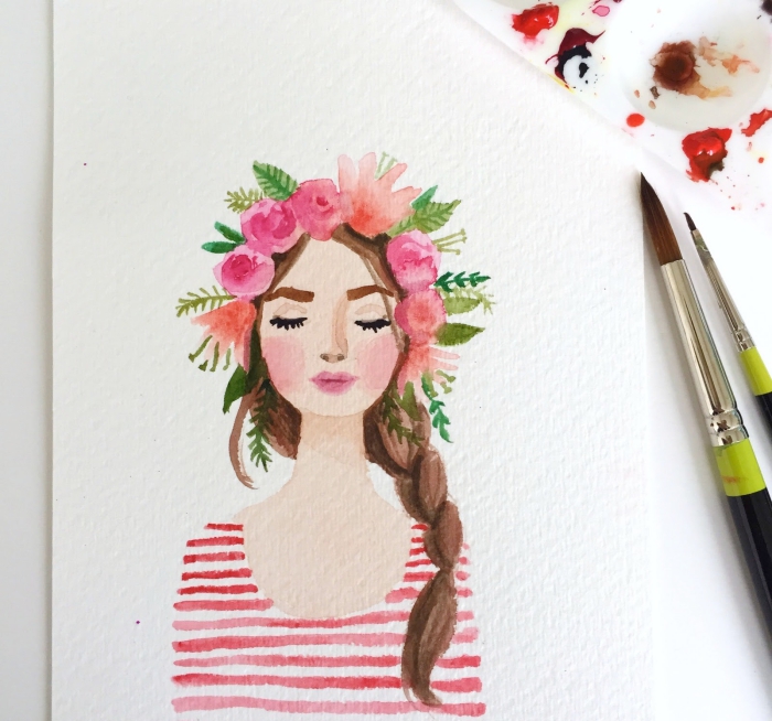 portrait féminin peint à l'aquarelle d'une fille avec couronne de fleur romantique et une tresse de côté, idées de peintures faciles pour commencer avec l'aquarelle