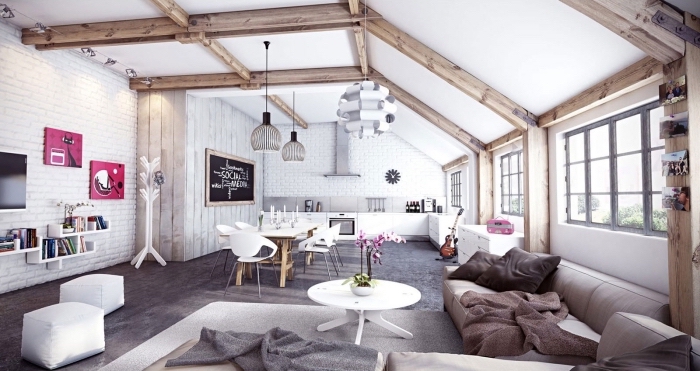 comment décorer un studio de style industriel et moderne avec meubles bois et blanc, exemple poutre apparente sur plafond et murs