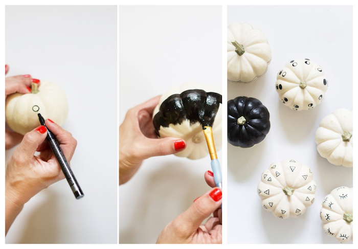 bricolage halloween facile avec mini citrouille repeinte de peinture noire et dessin à l indélébile motifs geometriques noir et blanc