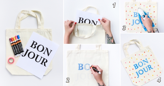 tutoriel facile pour dessiner des lettres bonjour sur un sac cabas blanc avec feutres pour textiles, sac à main personnalisé