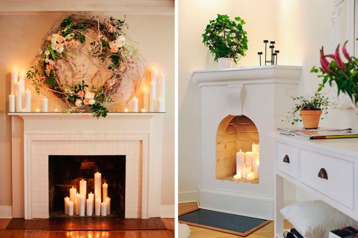 jolie cheminée décorative, couronne de fleurs roses et feuilles vertes, bougies allumées, pots de fleurs