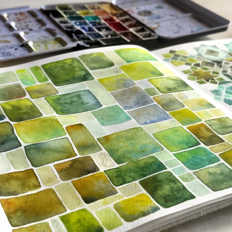 melange couleurs palettes nuances vertes aquarelle techniques art