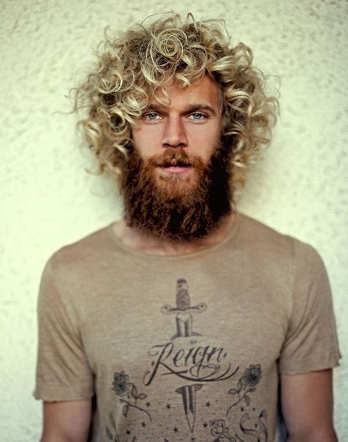 homme hipster avec longue barbe rousse et meches blondes sur cheveux longs bouclés 