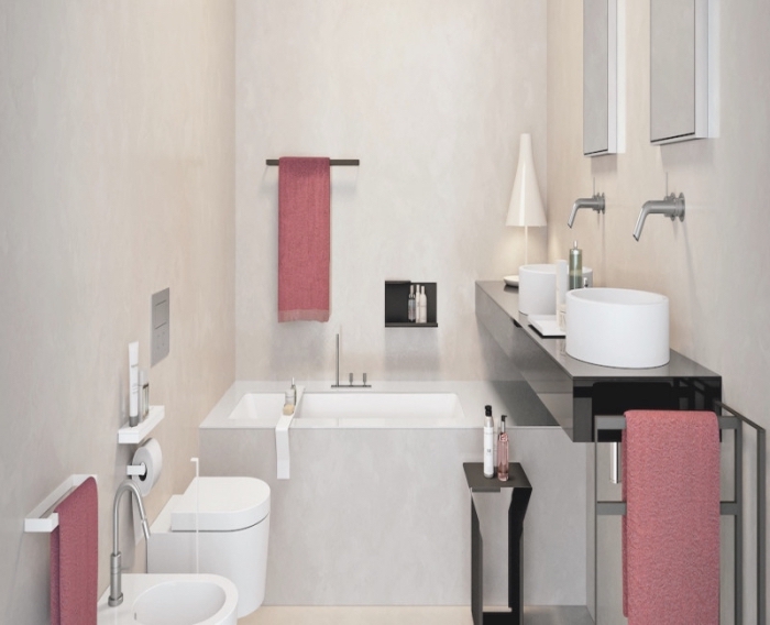 comment intégrer une petite baignoire sabot dans une salle de bain à espace limité, design intérieur en couleurs neutres