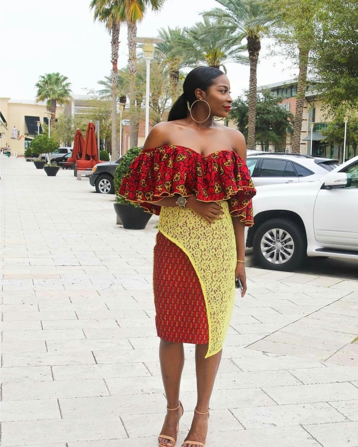 modele de robe africaine volantée qui fait très chic et féminine avec ses épaules dénudés et ses détails en dentelle sur la jupe