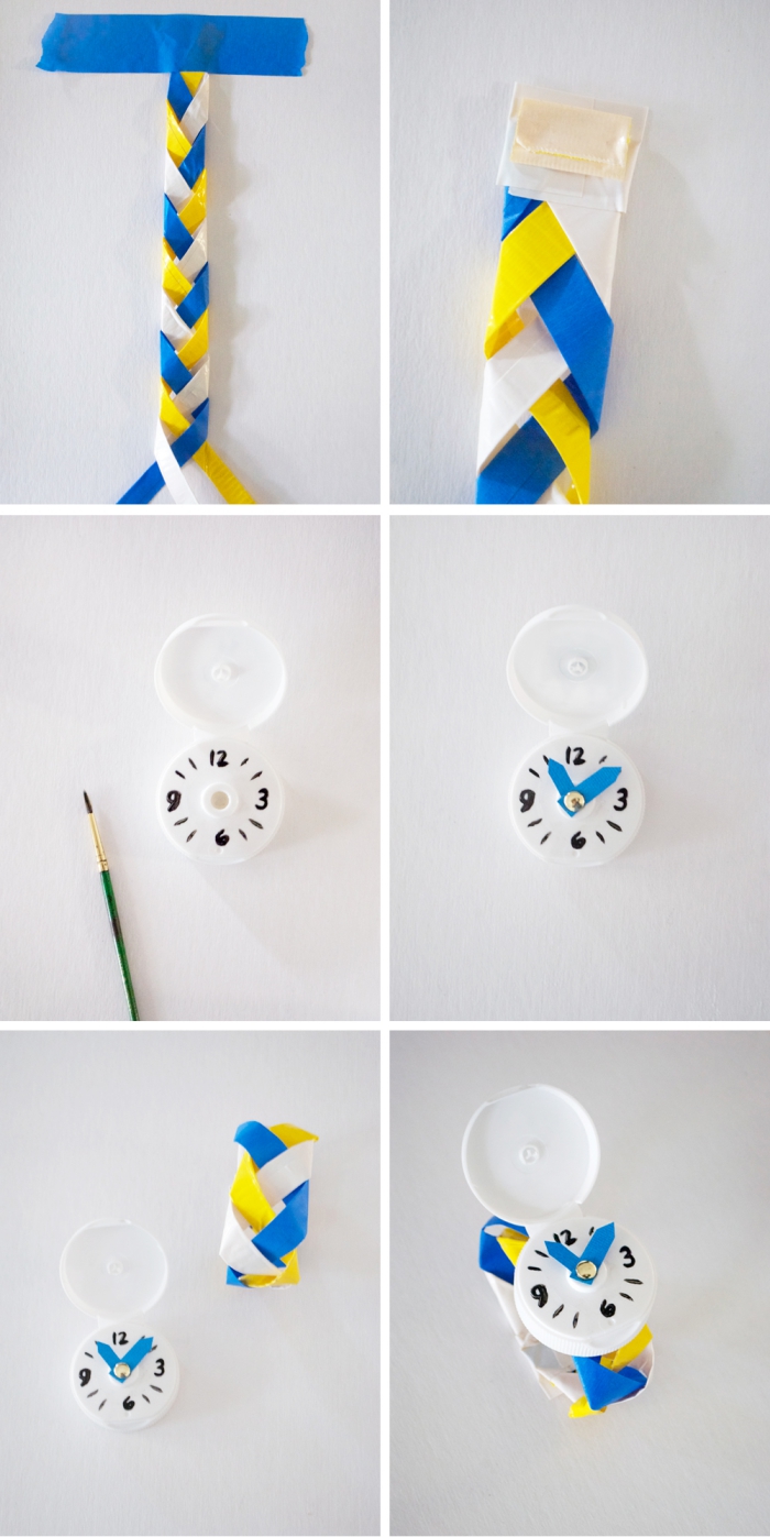 tuto bricolage récup pour enfants, réaliser une montre en capsule de bouteille en plastique