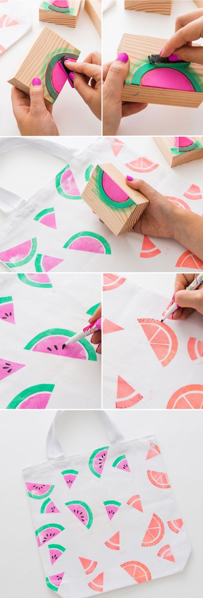 comment dessiner des motifs demi-pastèque sur un tissu blanc, idée comment personnaliser un sac cabas blanc