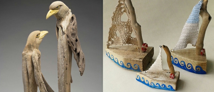 objets créés avec du bois flotté, deux aigles, bateaux, décoration sophistiquée créée en matériaux bruts