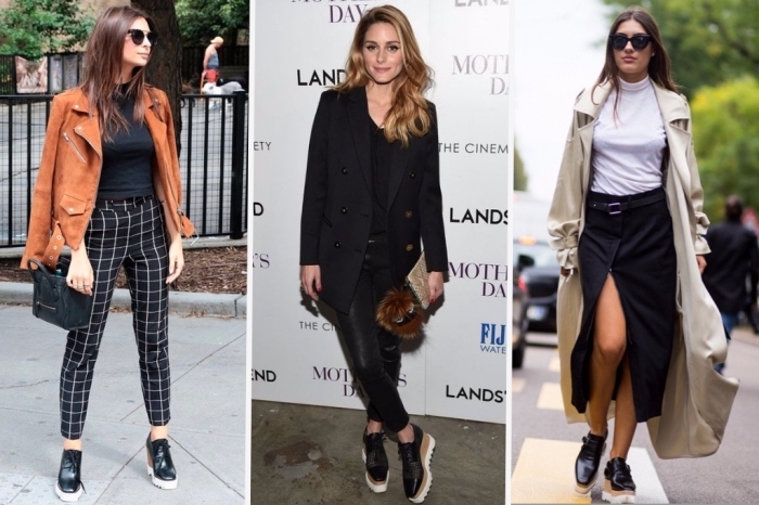 exemple comment porter chaussure derby femme à plateforme, look total noir avec pantalon simili cuir et blazer loose