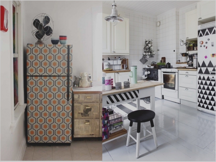 relooker un meuble avec du papier peint, du papier peint graphique sur le réfrigérateur pour créer un accent coloré dans la cuisine