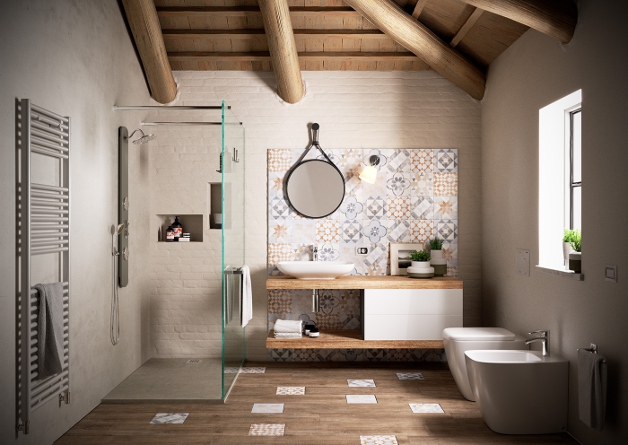 une salle de bains zen aménagée en tons neutres et en matériaux naturels, avec un dosseret carrelage effet carreaux de ciment