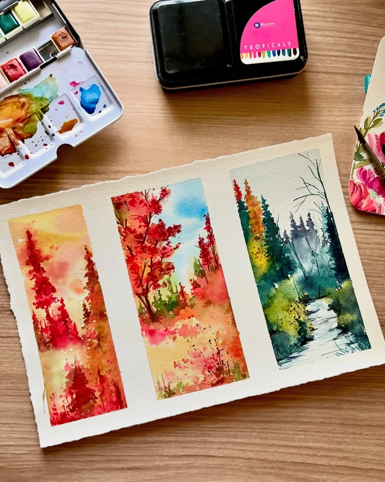 paysage aquarelle dessin papier surface bois marque page diy