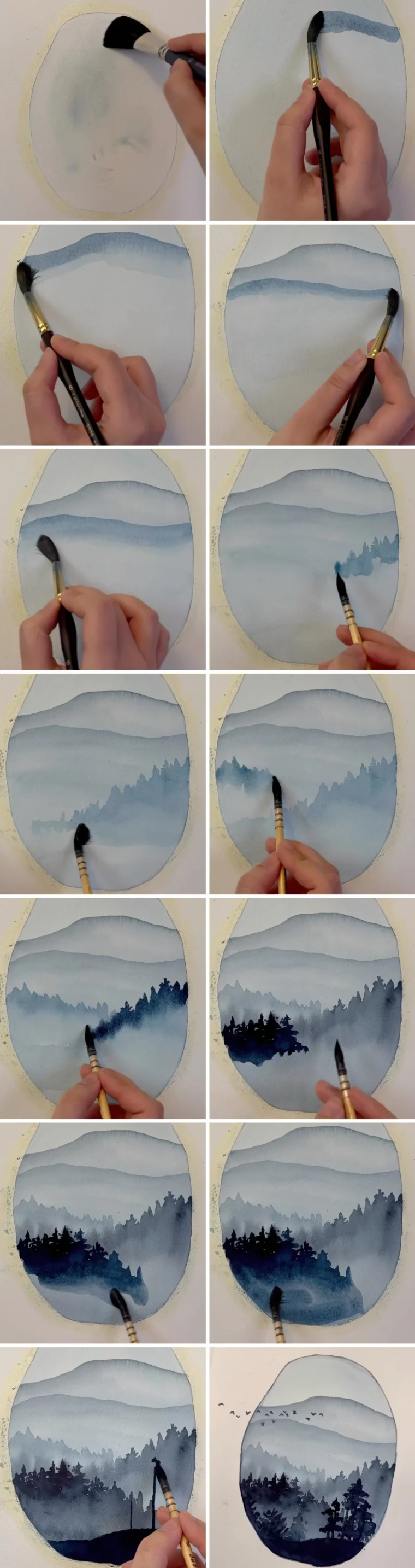 paysage en aquarelle tutoriel pas a pas silhouettes arbres colins montagnes