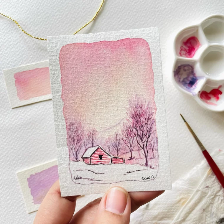 peinture aquarelle paysage hivernal ciel rose silhouette arbre maison rouge blanc