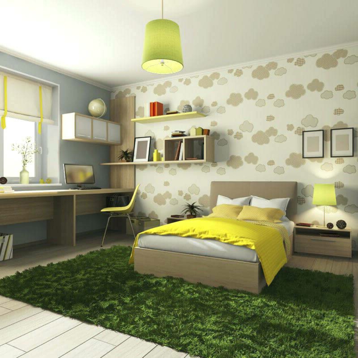 peinture chambre enfant, plafonnier vert, lit gris et jaune, étagères minimalistes, bureau long
