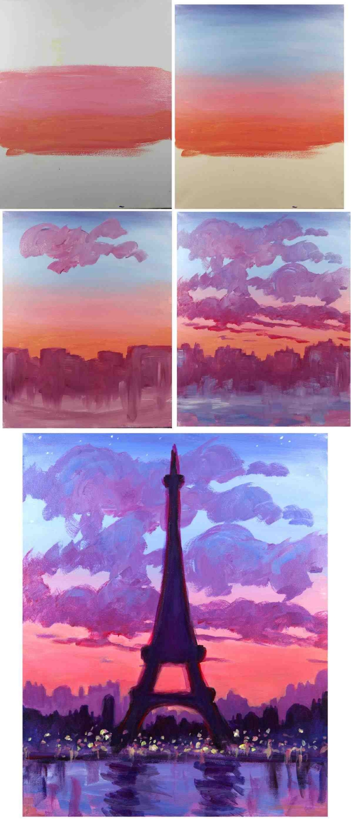 paysage aquarelle représentant le coucher de soleil et la silhouette de la tour eiffel