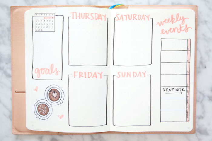 agenda scolaire stylé avec calendrier, case objectifs, cases avec les jours de la semaine, dessins tasse de café