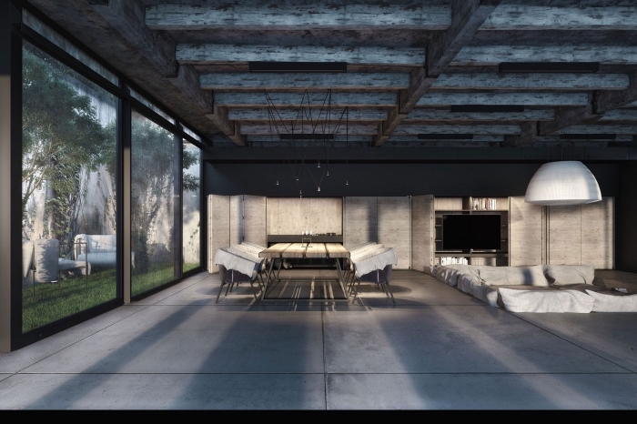idée design intérieur de style contemporain aux couleurs foncées avec murs en noir mate et plafond en poutres bois peint en gris foncé